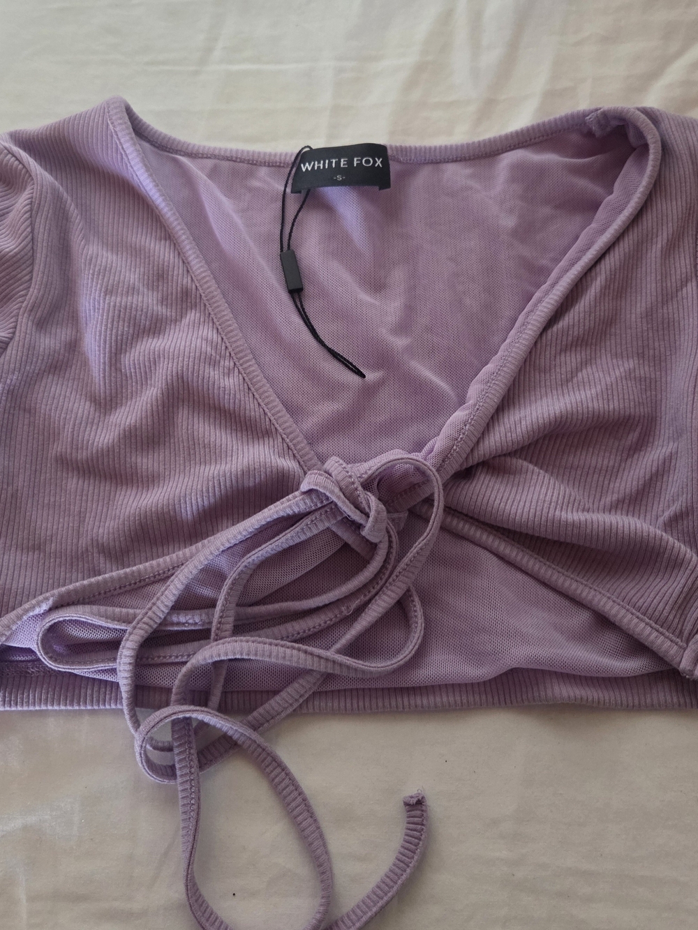 White Fox Boutique Lavender Ribbed Tie-Front Crop Top